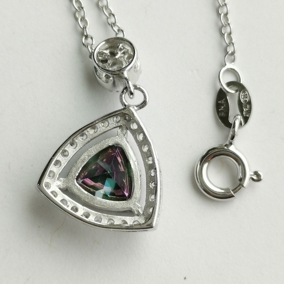 Mystic Topaz CZ Halo Pendant Necklace Sterling Silver - Picture 4 of 7